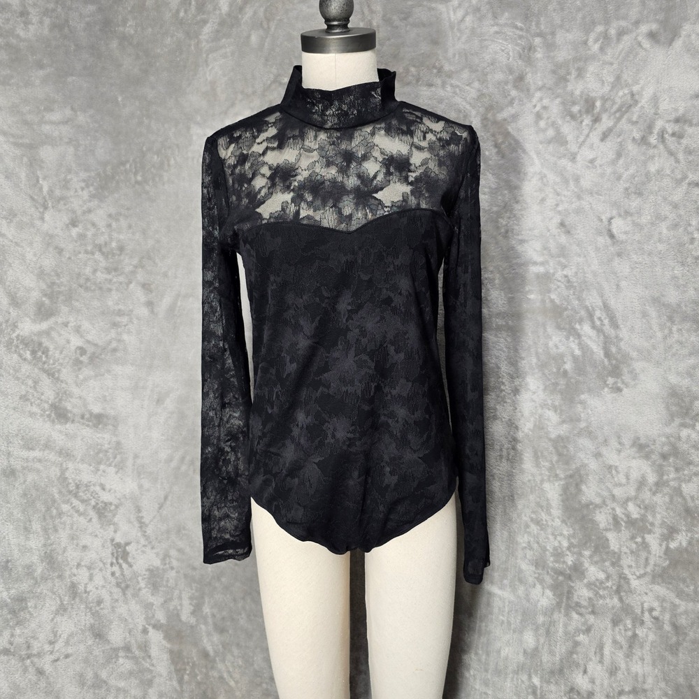 HM Bodysuit Women L Black Floral Lace Mock Neck Sheer Goth Grunge Victorian Snap